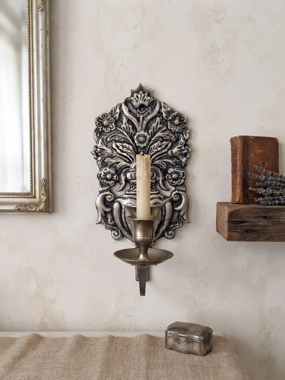 Vintage Ornate Brass Wall Sconce Candle Holder Moody Wall Art Floral Repoussé
